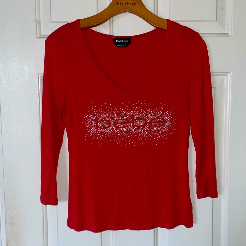 Bebe 3/4 sleeve rhinestone logo tee shirt size small. Cherry red